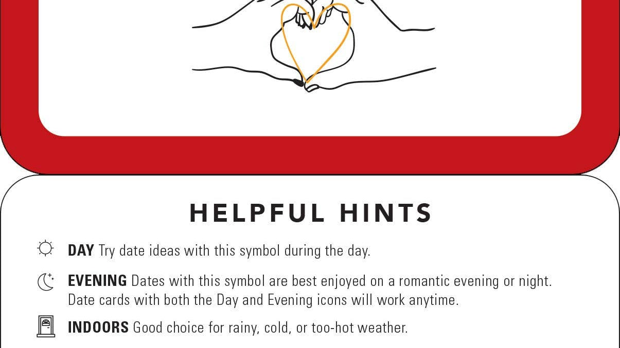 Flyer with rules for a date card game above helpful hints. Includes a scratch-off card instruction and symbols guide for various date activities, such as Day, Evening, Indoors, and more. Features playful, encouraging tone.