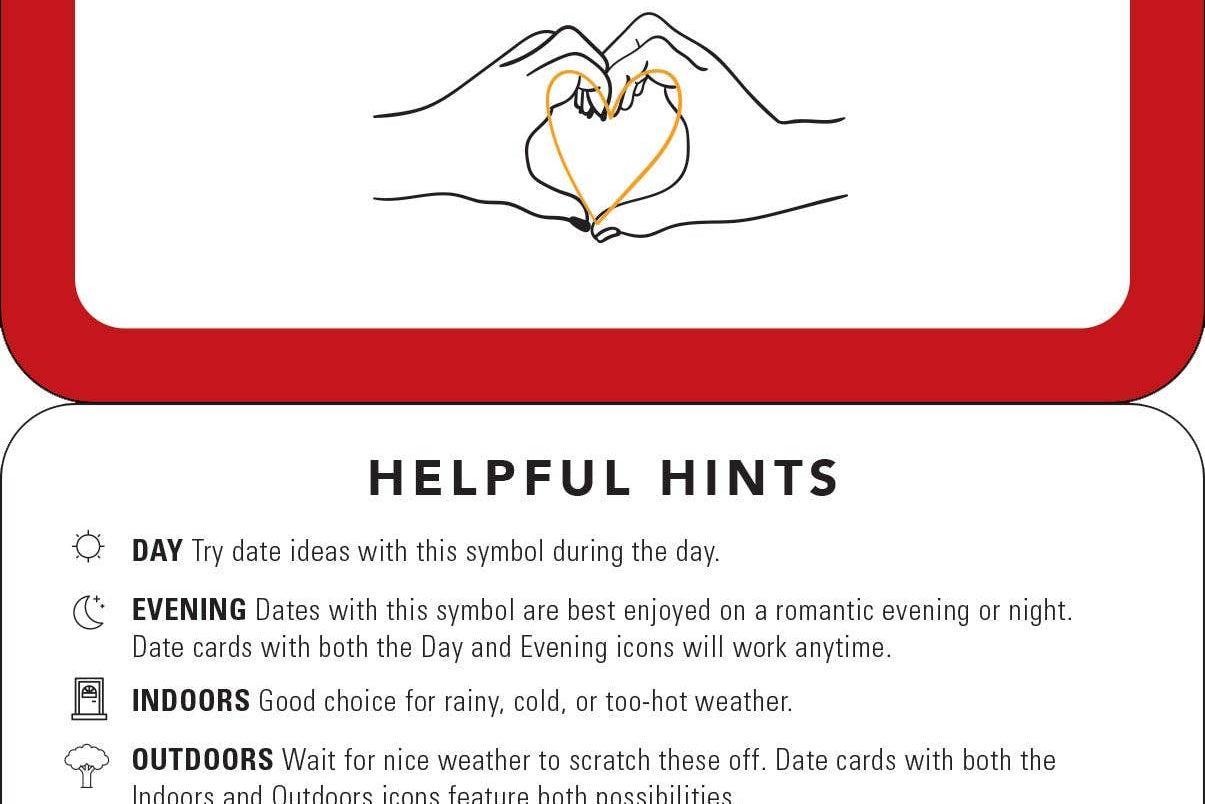 Flyer with rules for a date card game above helpful hints. Includes a scratch-off card instruction and symbols guide for various date activities, such as Day, Evening, Indoors, and more. Features playful, encouraging tone.