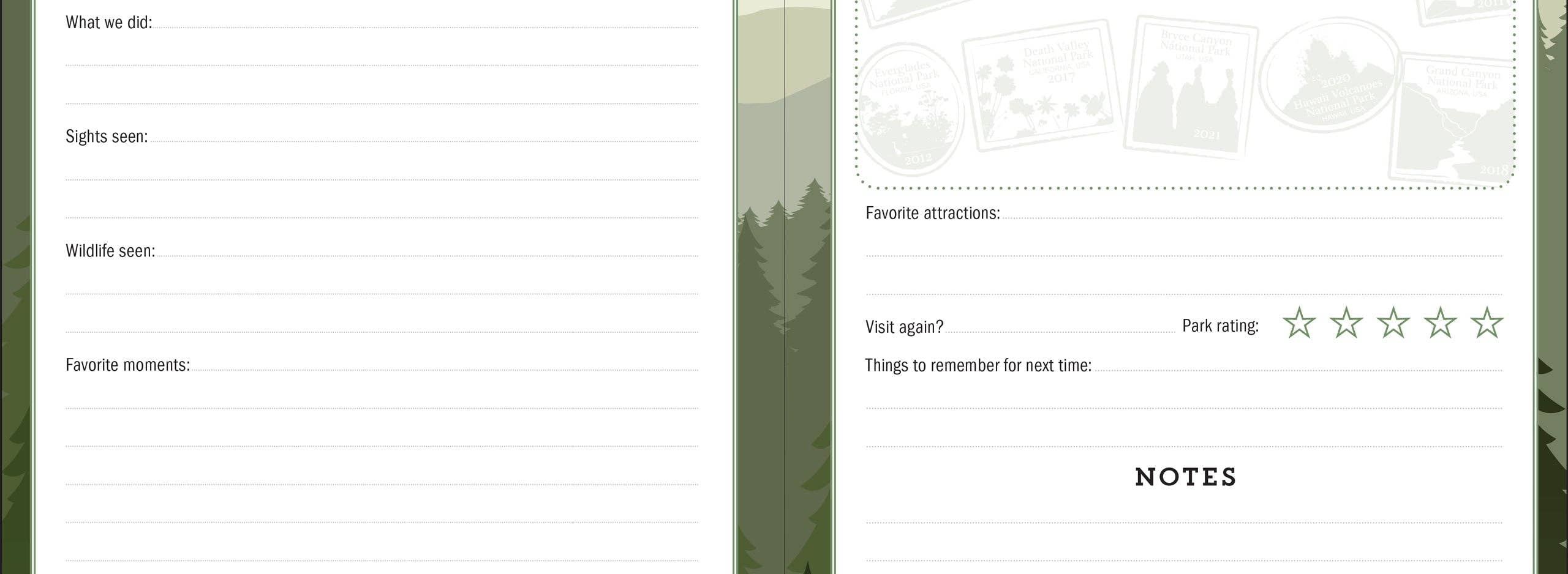 Journal pages for Acadia National Park, with sections for date, weather, activities, sights, wildlife, favorite moments, and a park rating out of five. Background features a forest silhouette.
