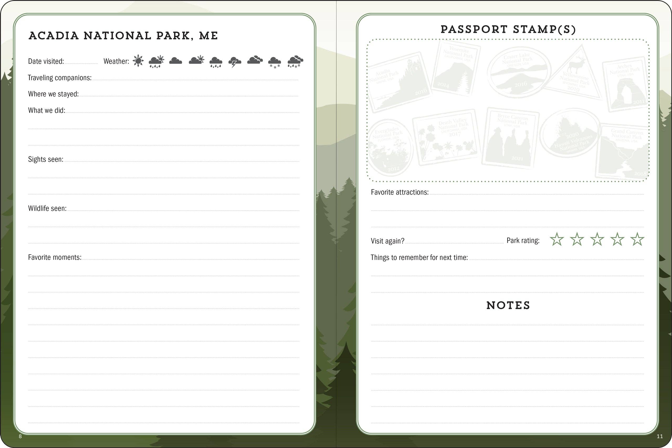 Journal pages for Acadia National Park, with sections for date, weather, activities, sights, wildlife, favorite moments, and a park rating out of five. Background features a forest silhouette.