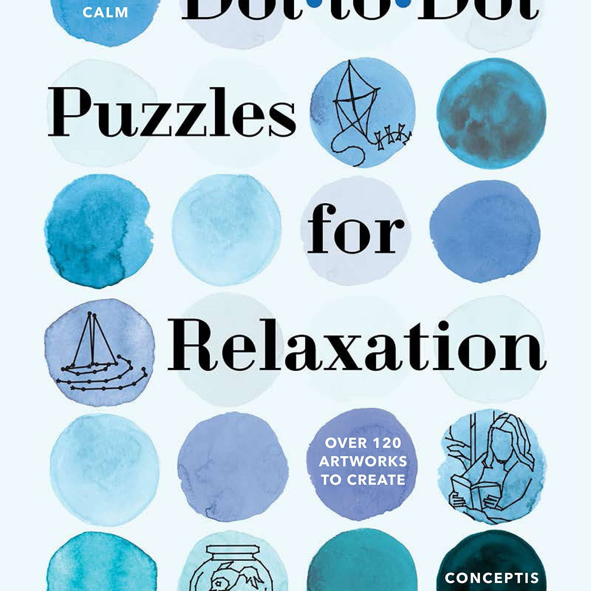 Cover with a grid of blue watercolor circles, some with dot-to-dot drawings of a kite and a sailboat. Text: "Dot to Dot Puzzles for Relaxation."