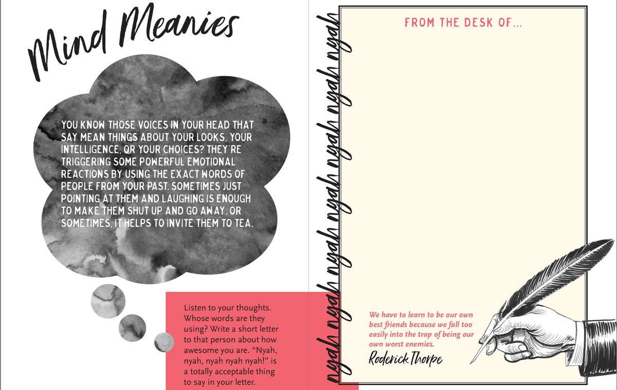 A motivational card titled 'Mind Meanies' features a watercolor thought bubble with text about inner negative voices and their impact. It suggests humor or compassion in addressing them. The right side displays 'From the desk of' with repetitive playful text, a Roderick Thorpe quote about self-friendship, and a vintage hand holding a quill. A red section encourages writing a letter to one's 'mean voice.' The tone is supportive and encouraging.