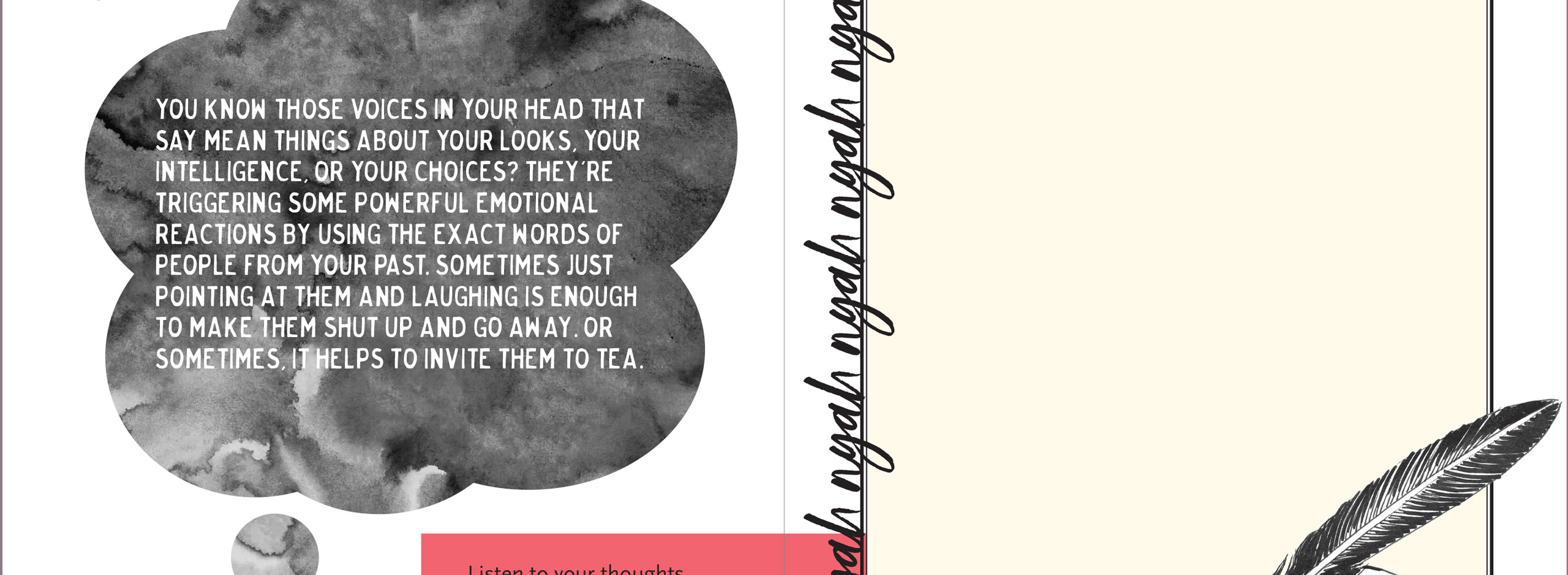 A motivational card titled 'Mind Meanies' features a watercolor thought bubble with text about inner negative voices and their impact. It suggests humor or compassion in addressing them. The right side displays 'From the desk of' with repetitive playful text, a Roderick Thorpe quote about self-friendship, and a vintage hand holding a quill. A red section encourages writing a letter to one's 'mean voice.' The tone is supportive and encouraging.