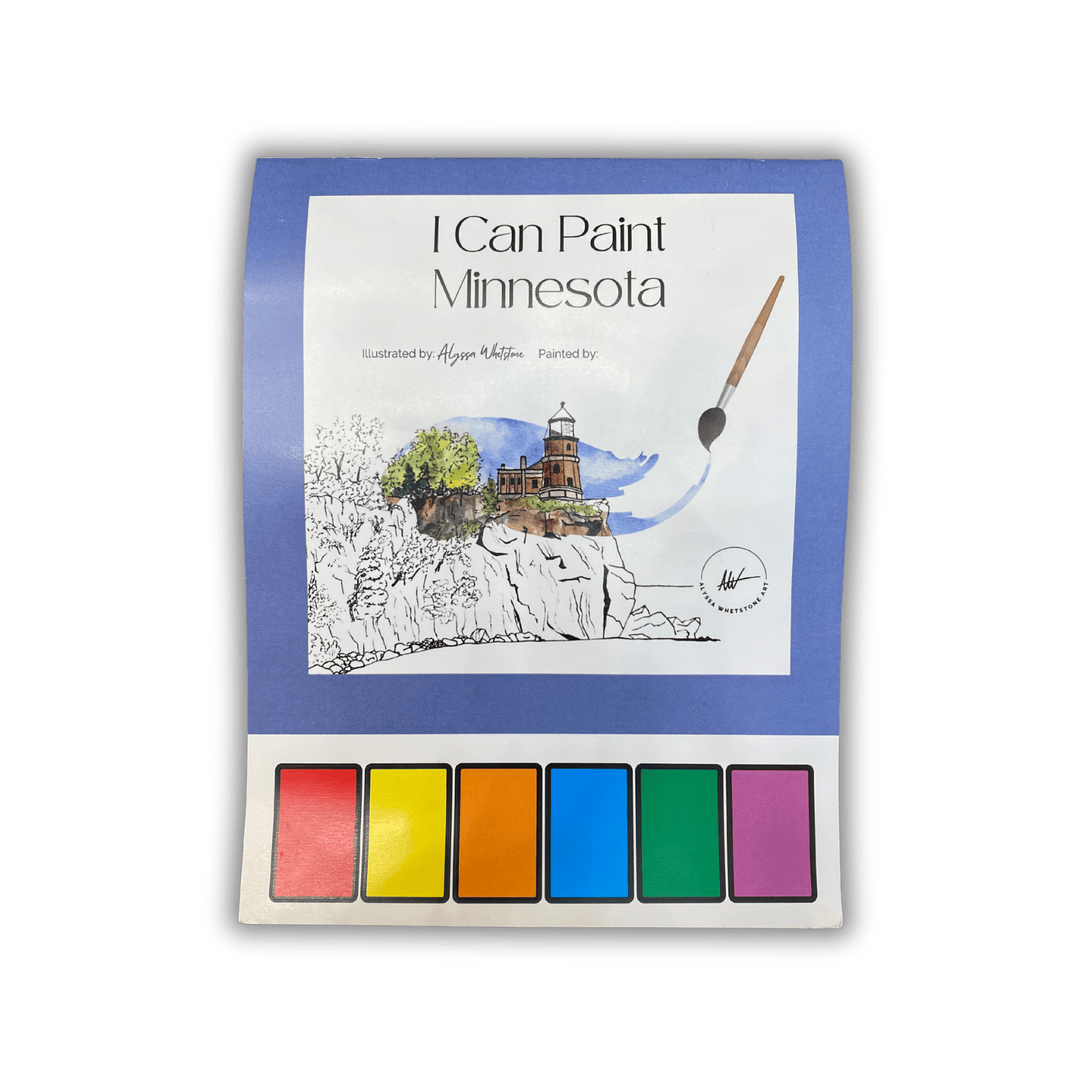 Book titled 'I Can Paint Minnesota' with color swatches on a white background