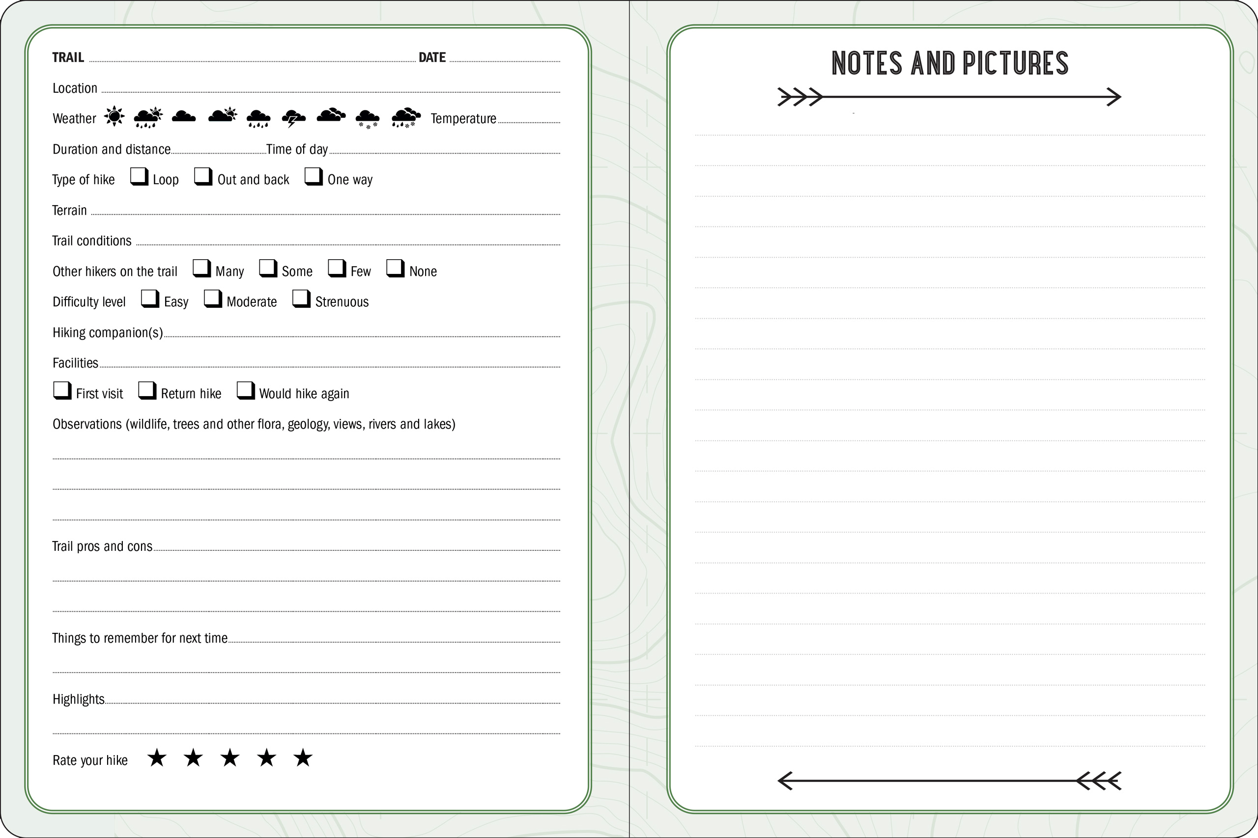A two-page hiking journal template. The left page includes fields for trail details such as location, weather, temperature, hike type, and companions. There are checkboxes for difficulty and facilities, plus sections for pros, cons, and highlights. A five-star rating system is at the bottom. The right page is for notes and pictures, with lined space under a header with arrows for emphasis. The tone is organized and inviting for recording hiking experiences.