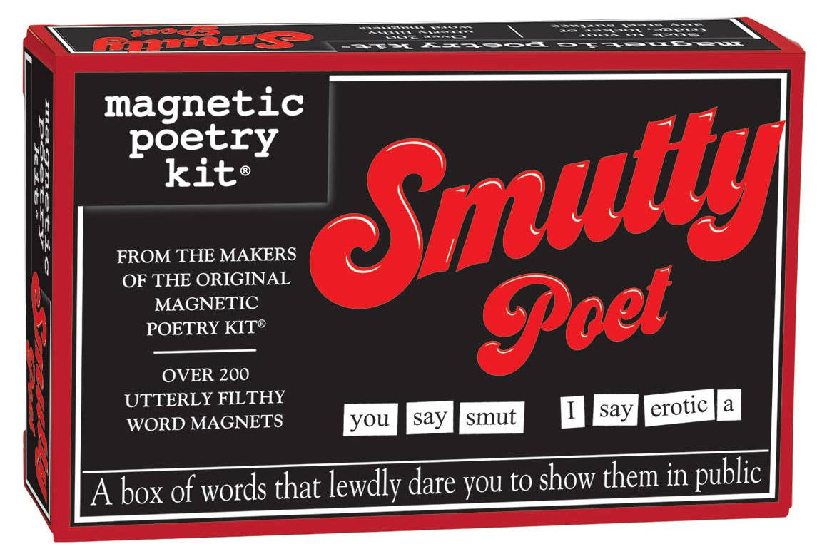 Magnetic poetry kit packaging with red and black design