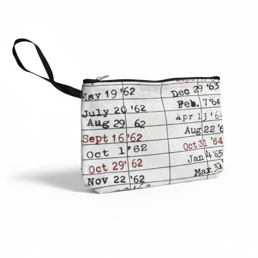 Library Due Date Card Canvas Pouch for book lovers — cream canvas bag with vintage library design, ideal for pens, pencils, or makeup