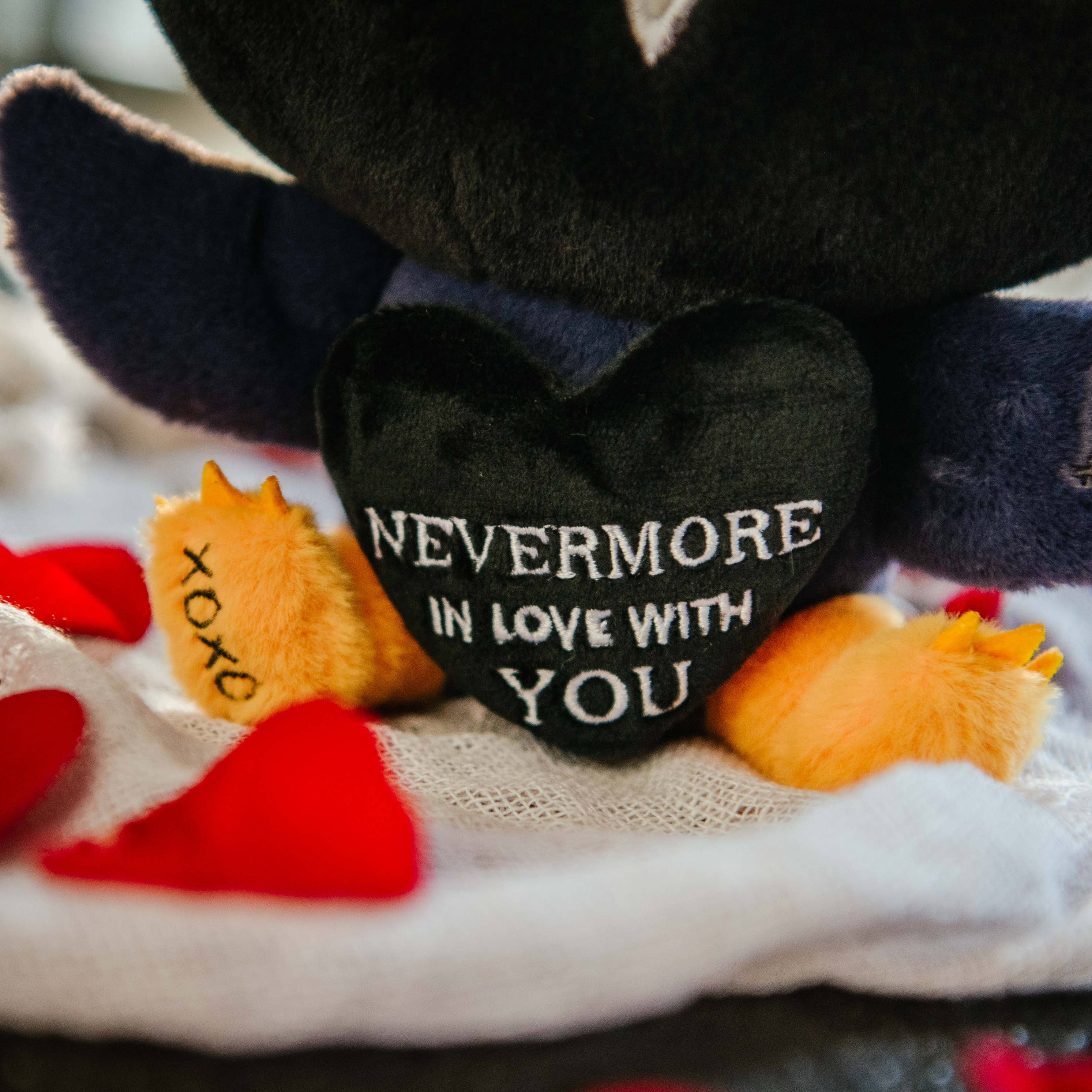 Close up of black heart with "nevermore in love with you" text
