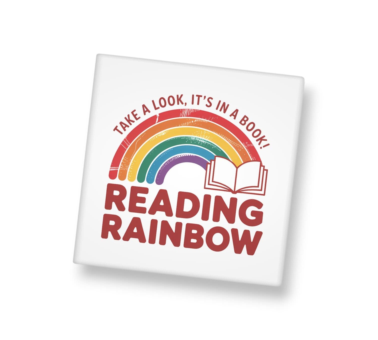 White square magnet with rainbow and book design, featuring 'Reading Rainbow' text on a white background.
