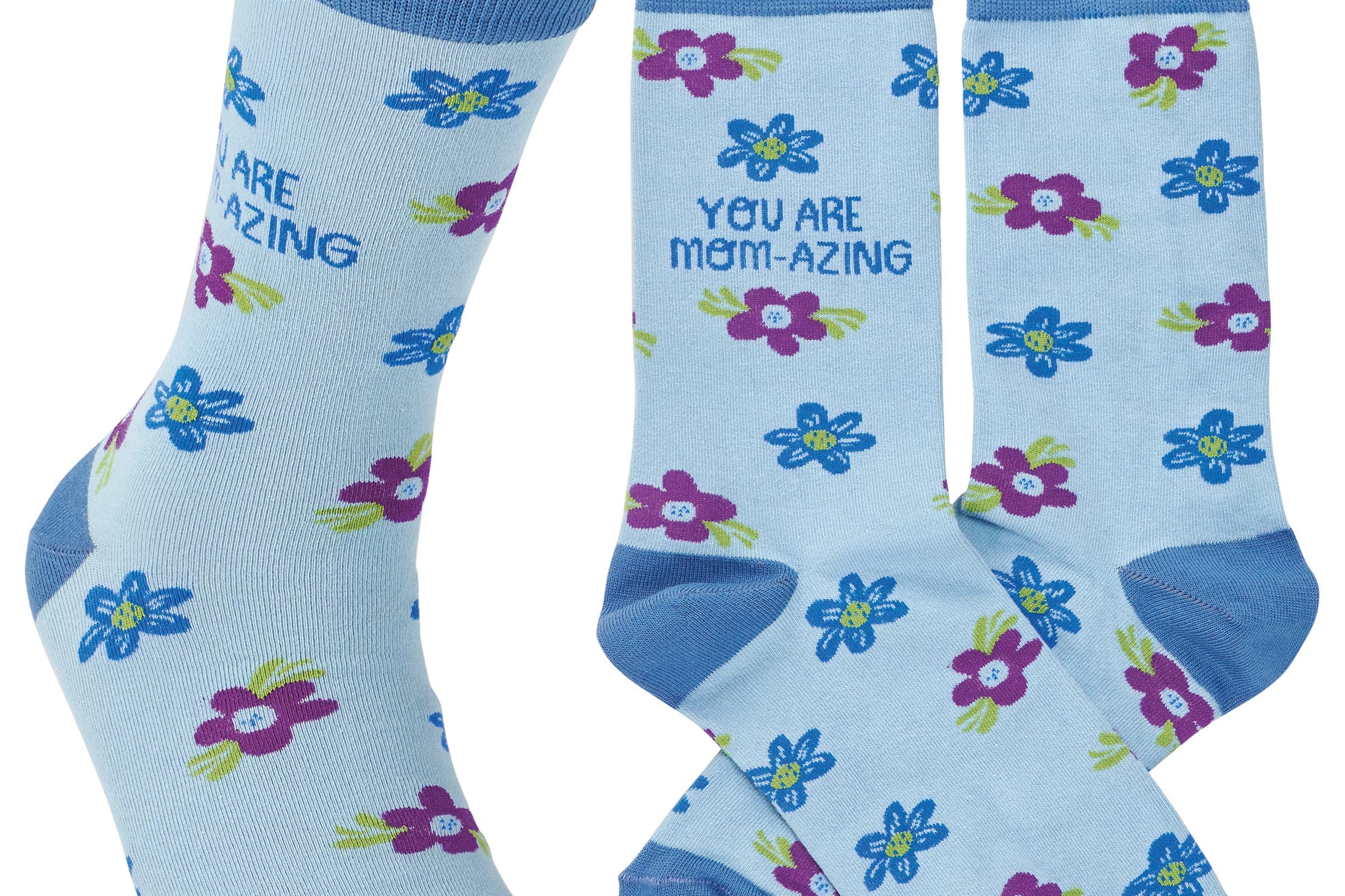 blue socks with flowers that say "You are Mom-azing" in blue text