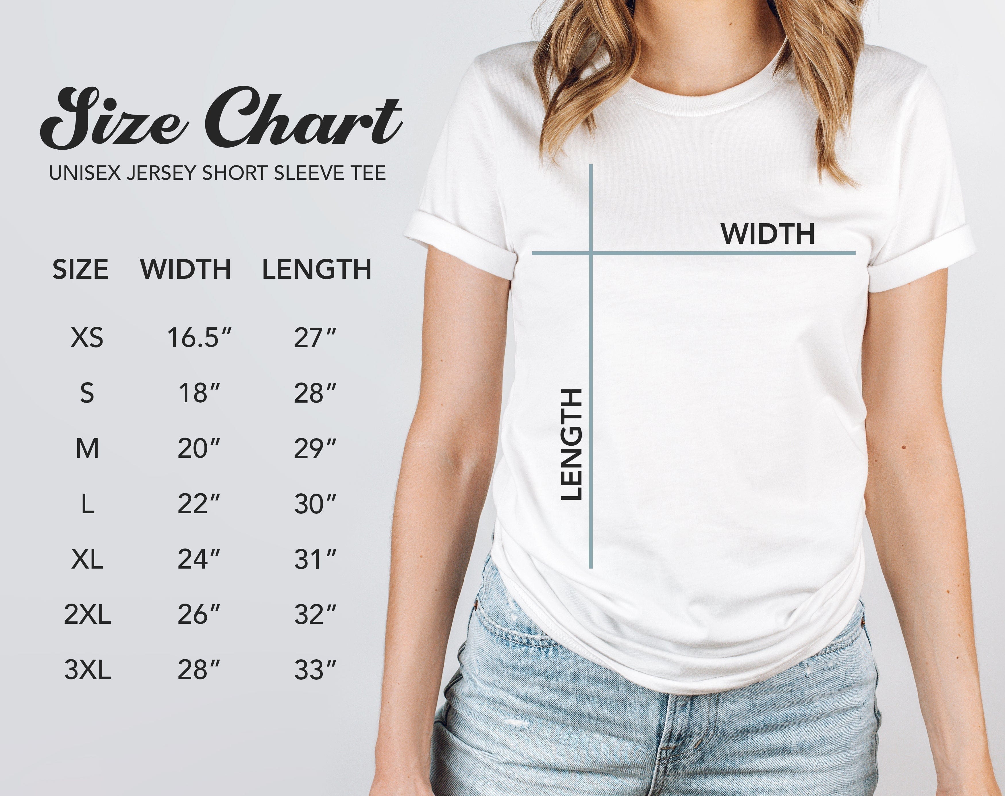 Adult Bella Canvas Sizing Chart. XS 16.5" Width 27" Length up to 3XL 28" width and 33" long