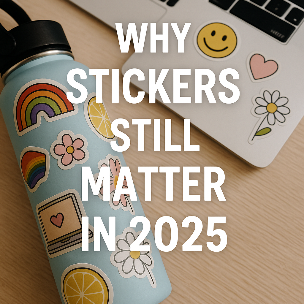 Why stickers still matter in 2025 with an image of a water bottle and laptop covered in stickers. The image is clean and vibrant.