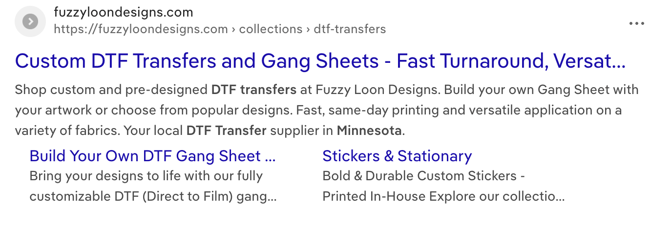 google first page search results for DTF Transfers in Minnesota. Fuzzy Loon Designs DTF Waite park, MN