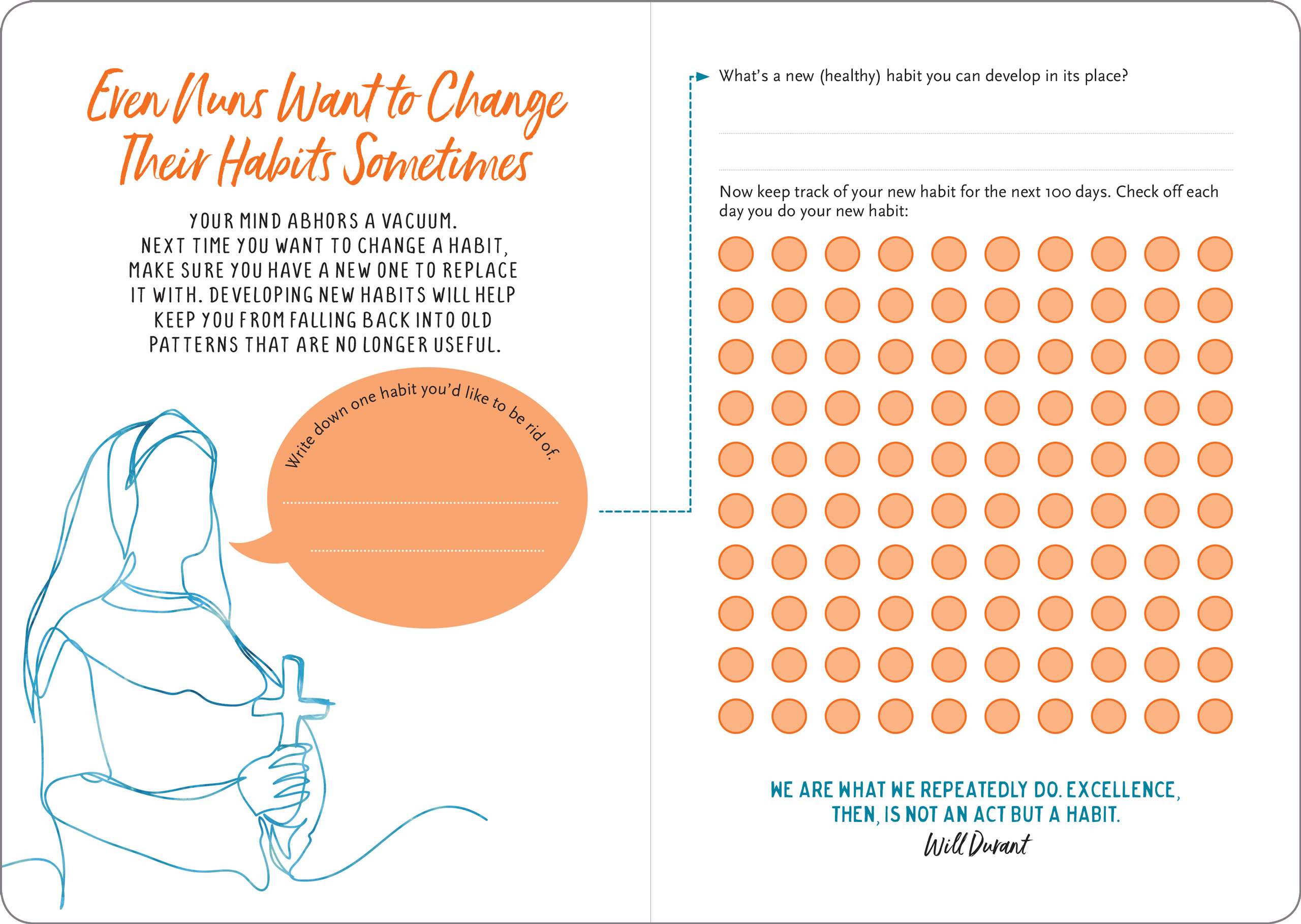 Illustration of a nun holding a cross with text encouraging habit change. Includes space to write a habit to quit, a 100-day tracking grid, and a motivational quote.