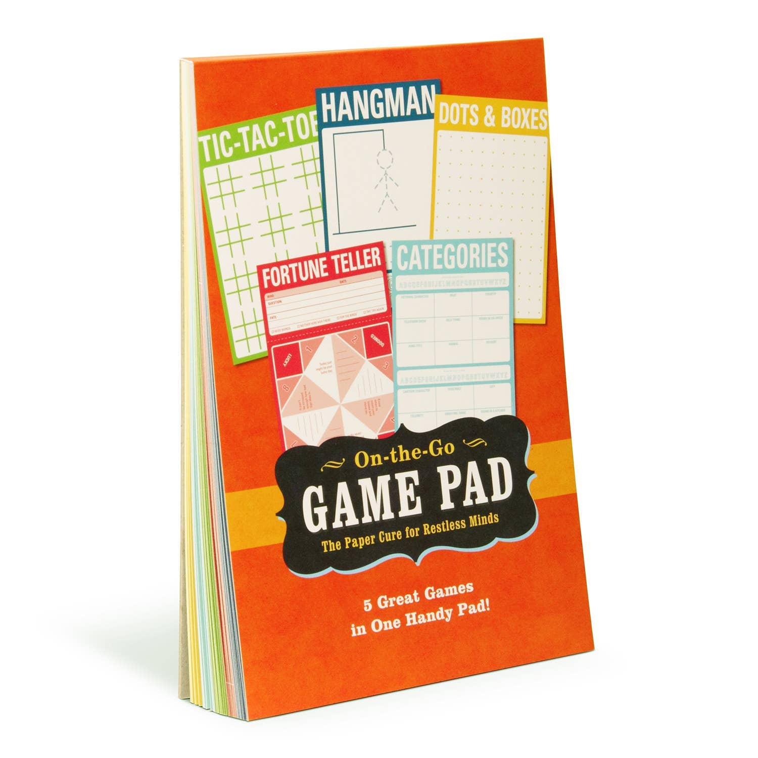 Orange game pad featuring five classic games including Tic-Tac-Toe, Hangman, Dots & Boxes, Fortune Teller, and Categories, described as 'The Paper Cure for Restless Minds.' The pad is depicted with a playful, vibrant design.