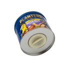 A can of Planters Deluxe Salted Mixed Nuts with a blue label, featuring a yellow character. The can is tilted showing the lid and a variety of nuts.