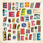 A collage of letter "E" cut-outs in various fonts and colors on a textured beige background. The lively mix conveys a playful and artistic tone.