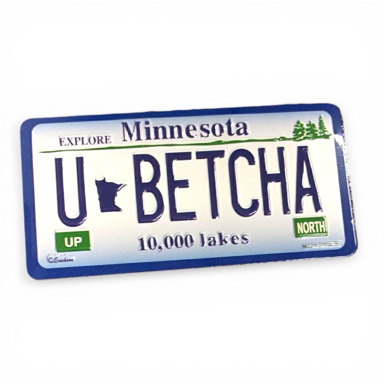 Novelty license plate with 'U BETCHA' text and Minnesota state symbols on a white background