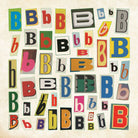 A collage of letter "B" cut-outs in various fonts and colors on a textured beige background. The lively mix conveys a playful and artistic tone.