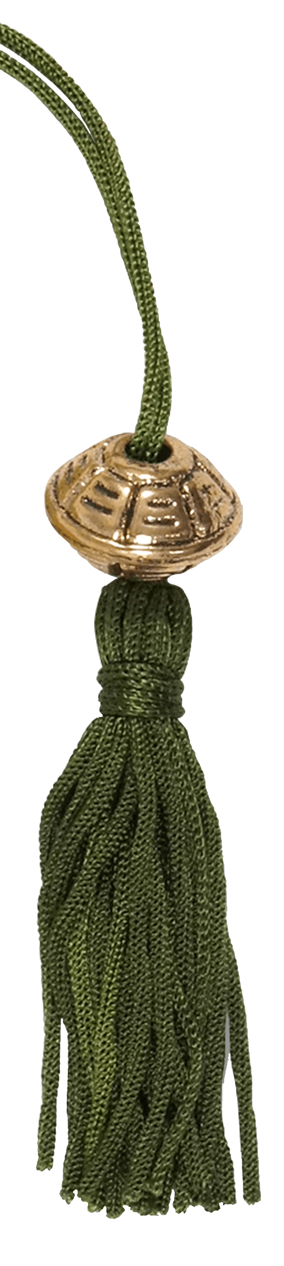 A green braided cord with a tassel, topped by a round, textured, bronze bead. The design conveys an elegant and traditional aesthetic.