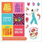A colorful collage with motivational phrases like "Get Off Your Ass and Vibe" and "Good Vibes." Features vibrant graphics, symbols, and a person pointing. Emphasizes positivity and action.