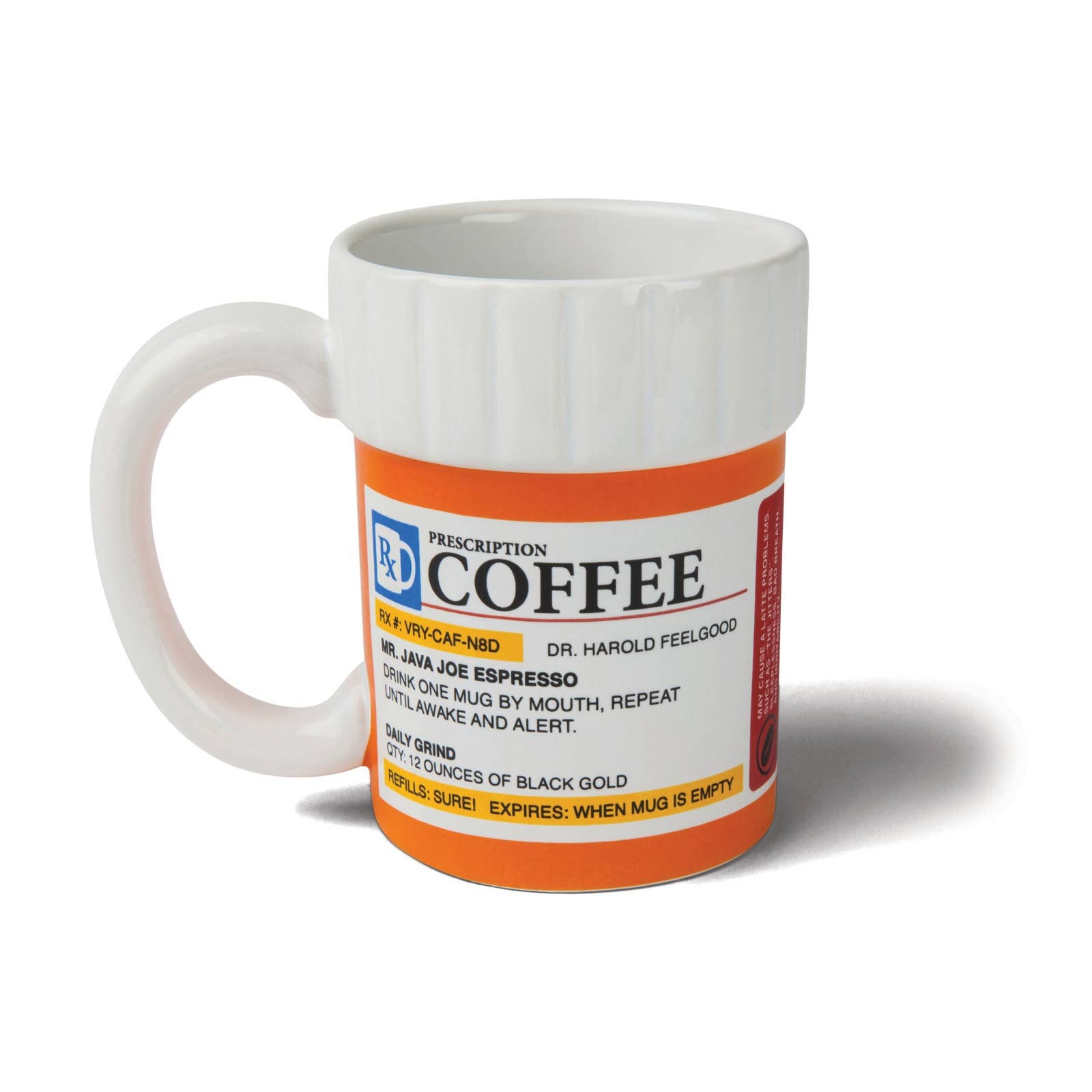 A white coffee mug designed like a prescription bottle. The label humorously details a coffee dose, with a playful tone, using medical jargon.