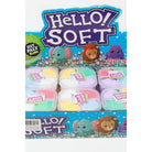 Colorful packaging of DIY play slime labeled "Hello! Soft" with cartoon animals, including an elephant and lion. Contains 12 containers in pastel shades.
