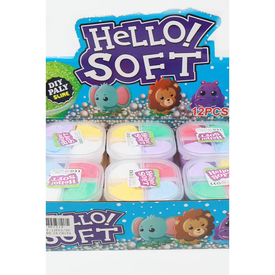 Colorful packaging of DIY play slime labeled "Hello! Soft" with cartoon animals, including an elephant and lion. Contains 12 containers in pastel shades.