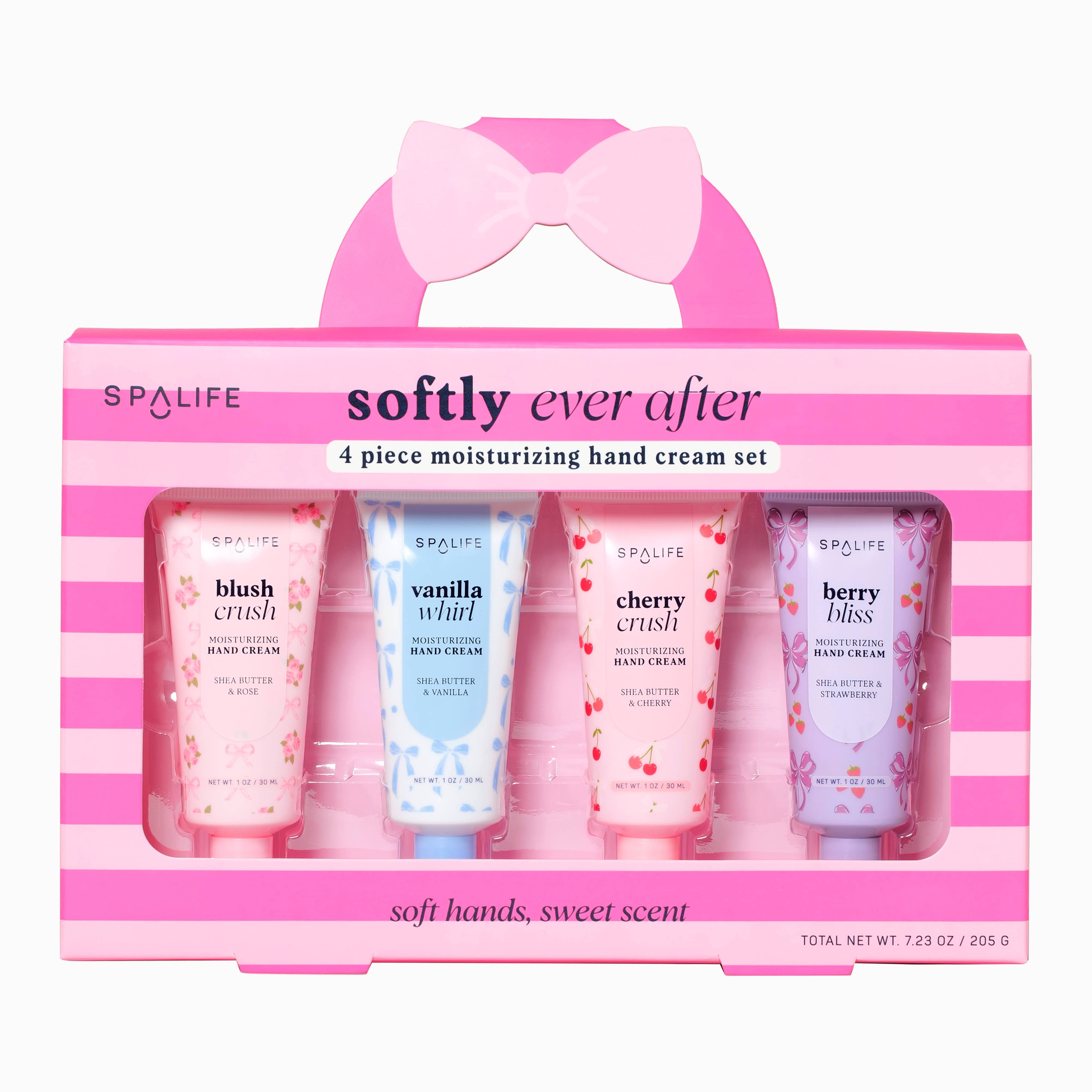 Pink-themed packaging displaying four tubes of SpaLife hand cream in floral and striped designs. Includes scents: blush, vanilla, cherry, berry. Playful style.