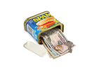 A Spam can with its lid open, revealing stacked US currency and a key inside. The setup suggests clever concealment, adding a humorous, unexpected twist.