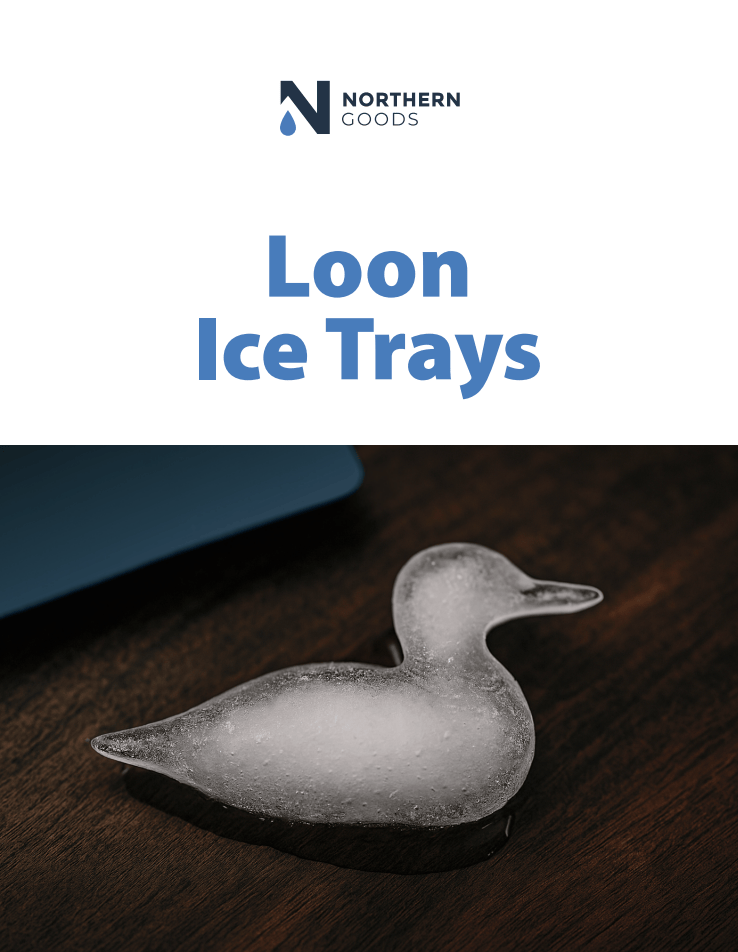 Loon-shaped ice cube on a dark wooden surface, beneath 'Northern Goods' logo and text 'Loon Ice Trays' in bold blue letters. Modern, playful tone.