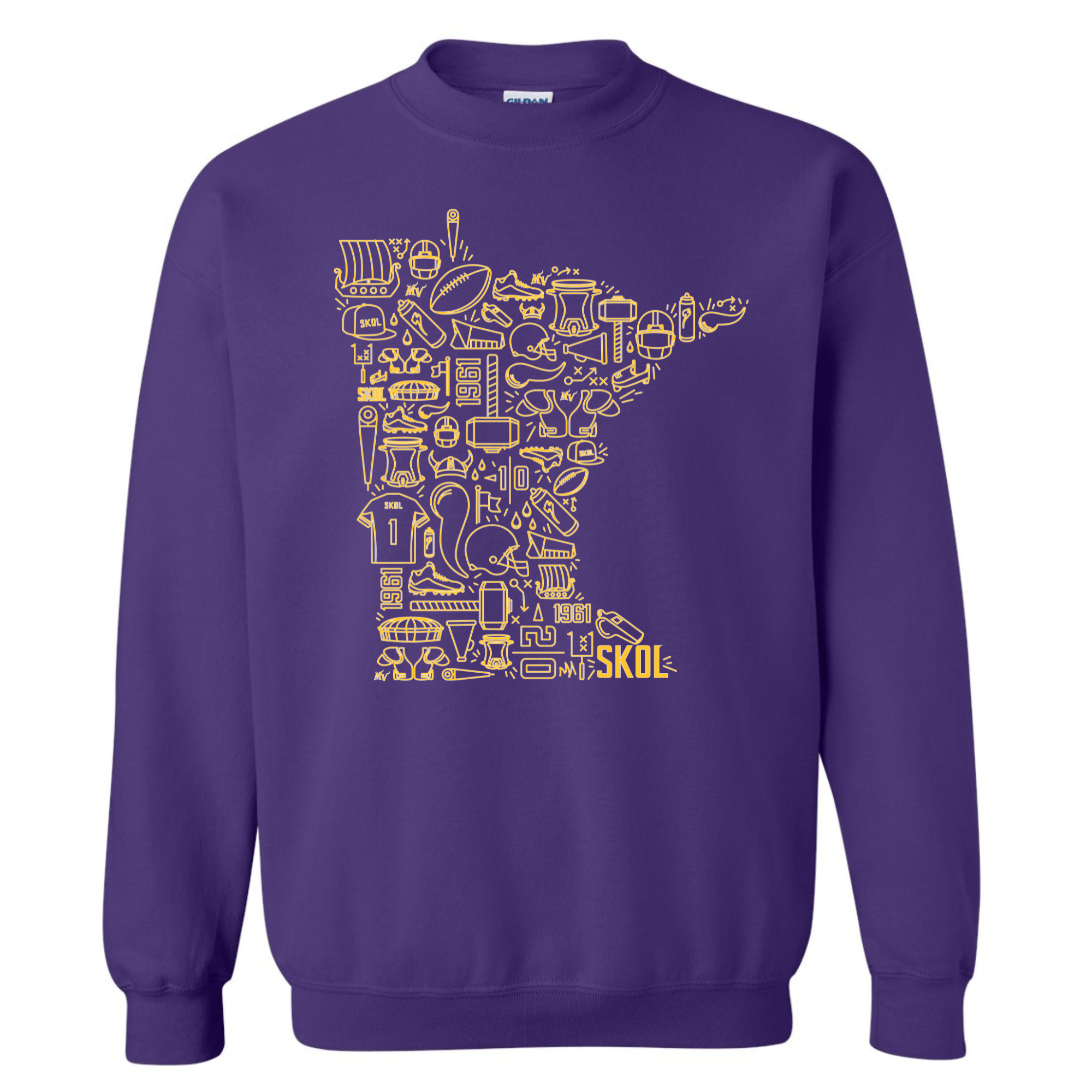 Purple sweatshirt with gold graphic design on a white background