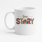 White mug with 'true STORY' text and nativity scene design on a white background