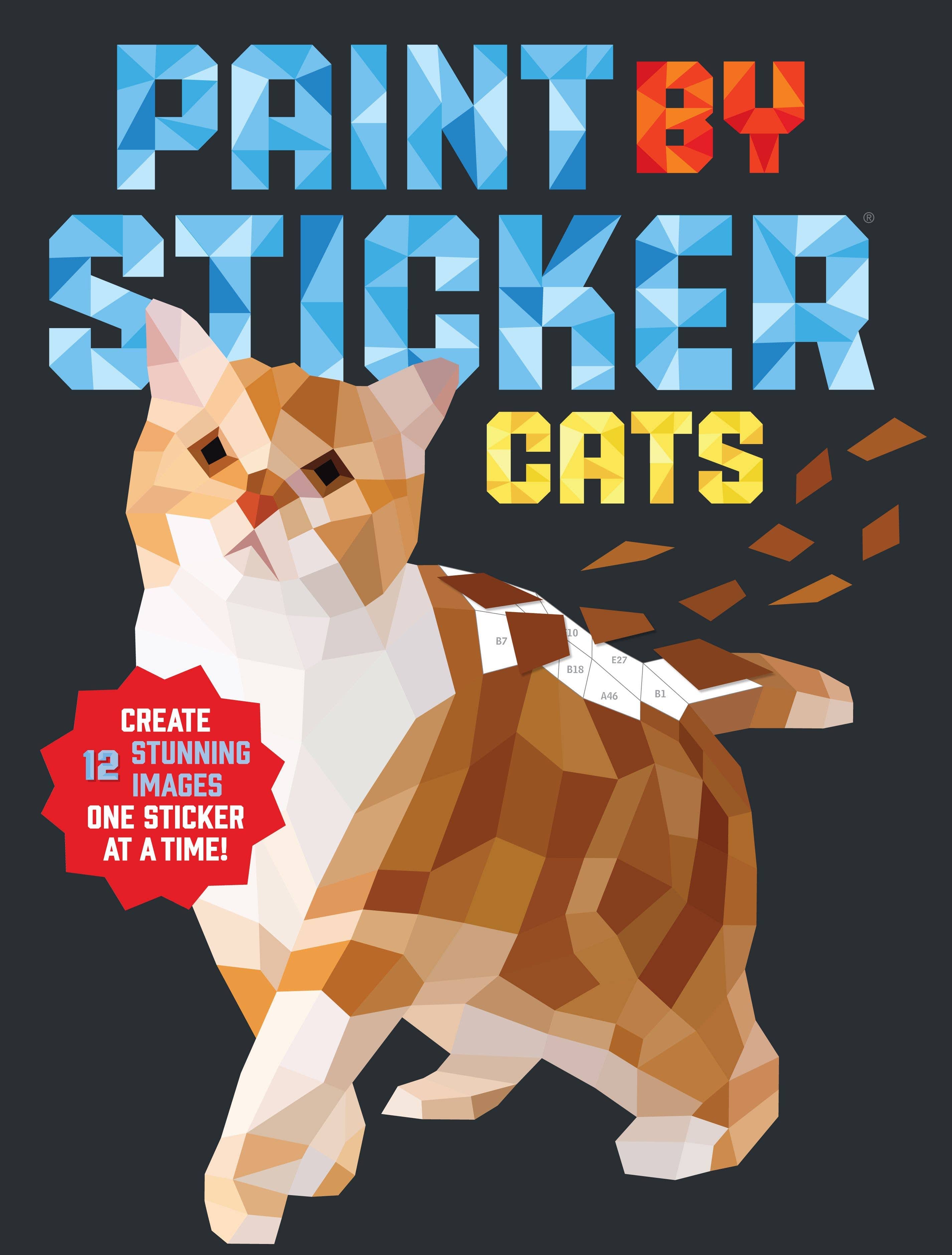 Book cover of 'Paint by Sticker Cats' with a cat illustration and text on a dark background