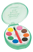 A green oval paint palette with eight vibrant watercolor paints in yellow, pink, red, brown, orange, green, blue, and black. A small red brush is included.