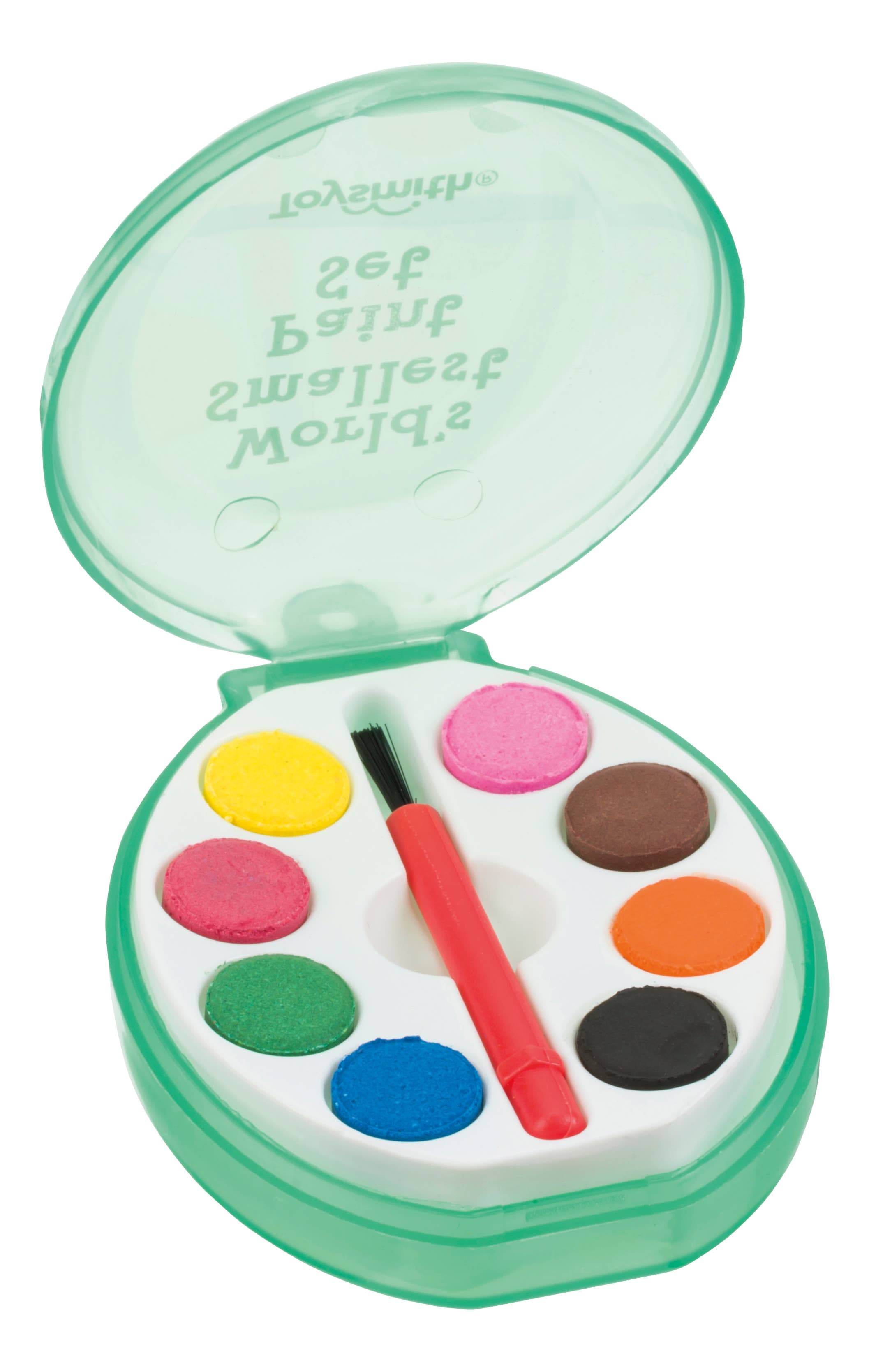 A green oval paint palette with eight vibrant watercolor paints in yellow, pink, red, brown, orange, green, blue, and black. A small red brush is included.