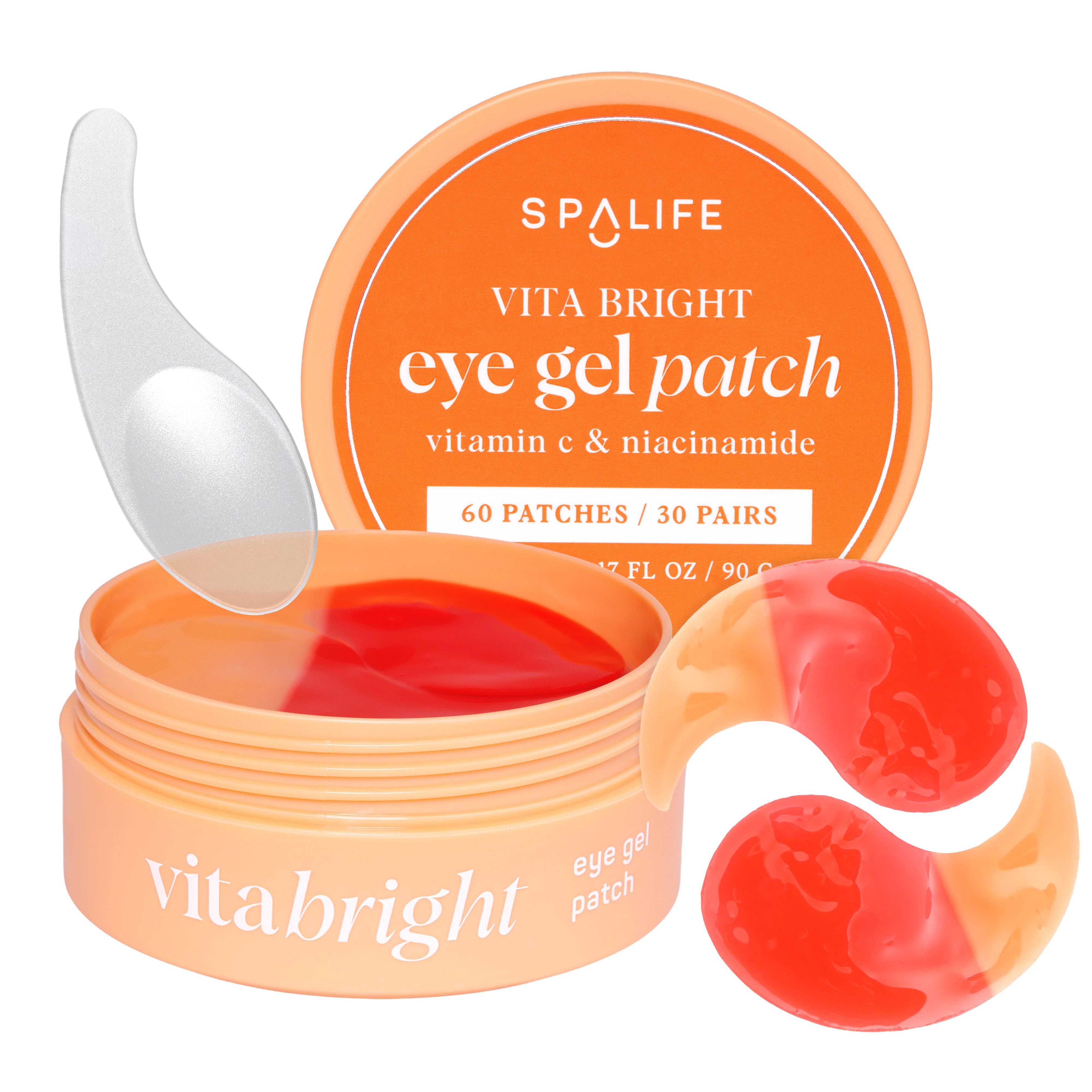 Orange container labeled "Vita Bright Eye Gel Patch," open to reveal red patches. Includes a spatula. Keywords: eye gel, skincare, vitamin C, niacinamide.