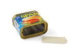 Empty rectangular can of Spam with lid removed, lying on its side. Blue and yellow label featuring a sandwich image, evoking a playful tone.