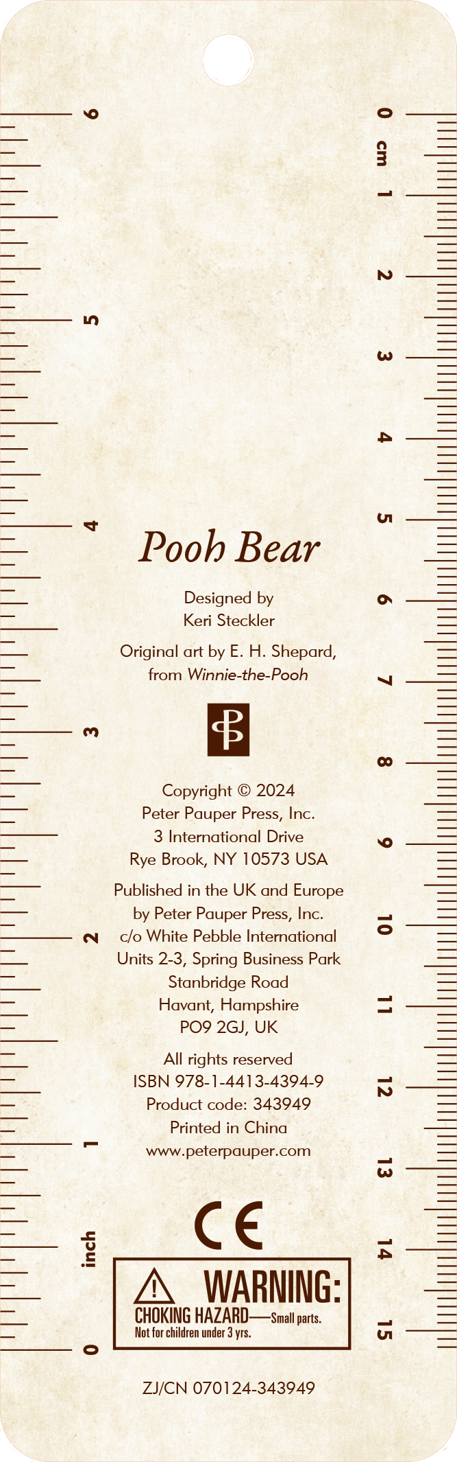 Rounded-corner ruler with "Pooh Bear" text, inch and centimeter scales. Features copyright details, safety warning, and a hole for hanging at the top.
