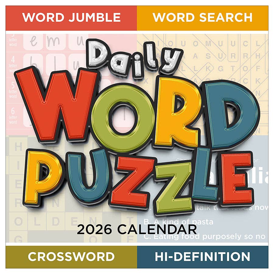 Bold, colorful text reads "Daily Word Puzzle 2026 Calendar" against a background of puzzle pieces. Sections labeled "Word Jumble," "Word Search," "Crossword," and "Hi-Definition."