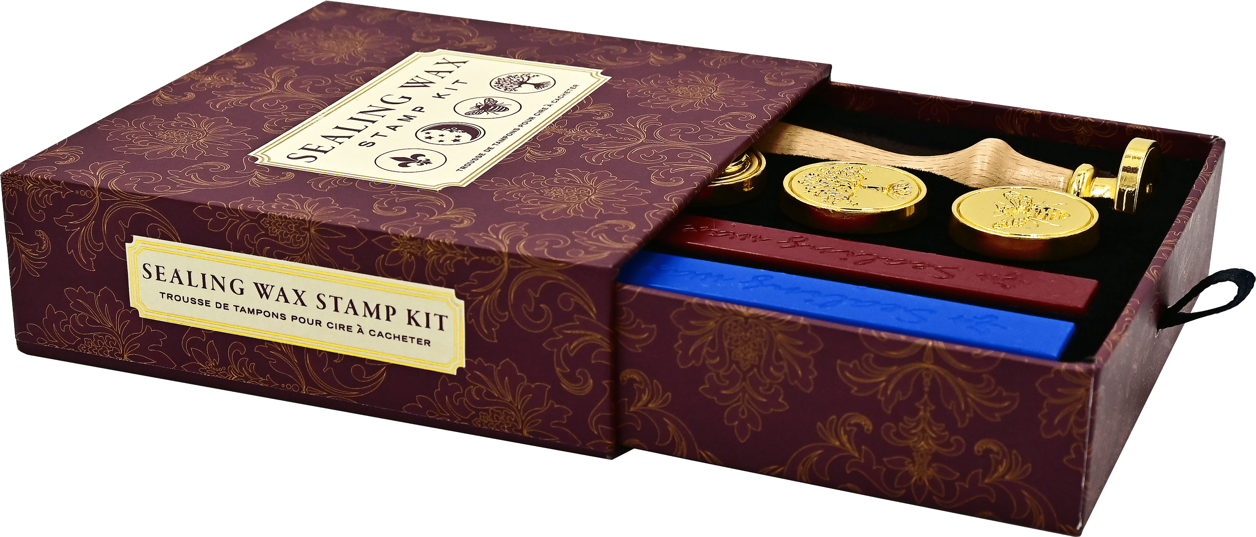 Elegant burgundy sealing wax stamp kit with gold floral patterns. Inside, three gold stamps with wooden handles and two wax sticks, one red and one blue.
