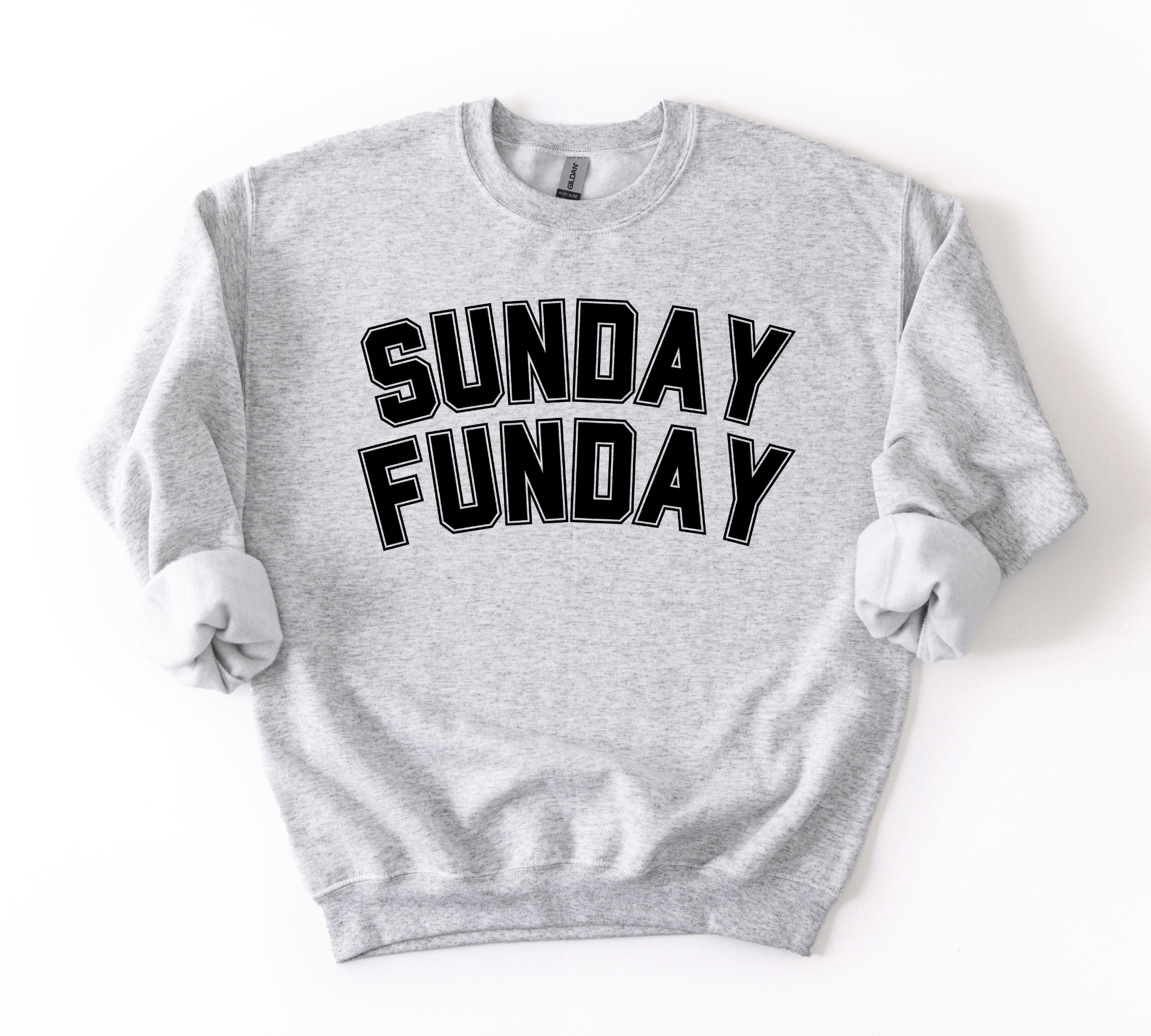 A light heather gray crewneck sweatshirt with 'SUNDAY FUNDAY' printed across the chest in bold black varsity-style lettering, shown flat on a white background.