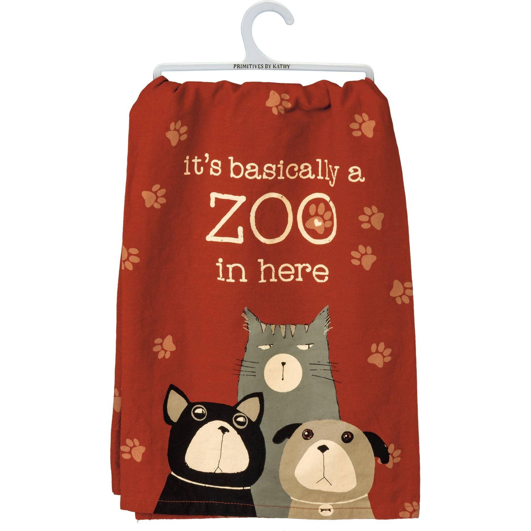 Red kitchen towel featuring illustrations of a dog and two cats. Text reads, "it's basically a zoo in here." Paw prints decorate the background.