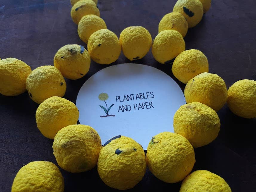 Yellow seed balls arranged in a circle around a white card with "Plantables and Paper" written on it, exuding a natural, eco-friendly vibe.