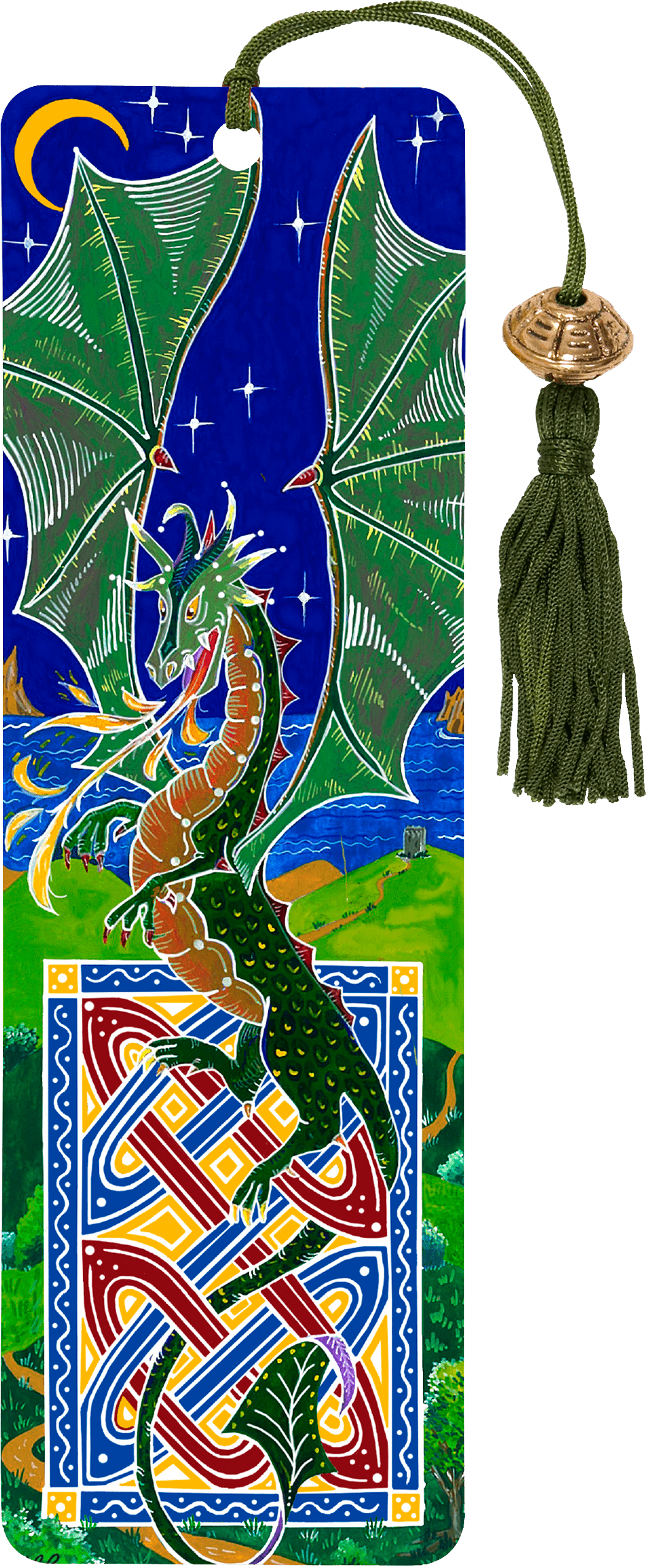 A vibrant bookmark featuring a green dragon with large wings, breathing fire. Background includes stars, a crescent moon, and Celtic designs.