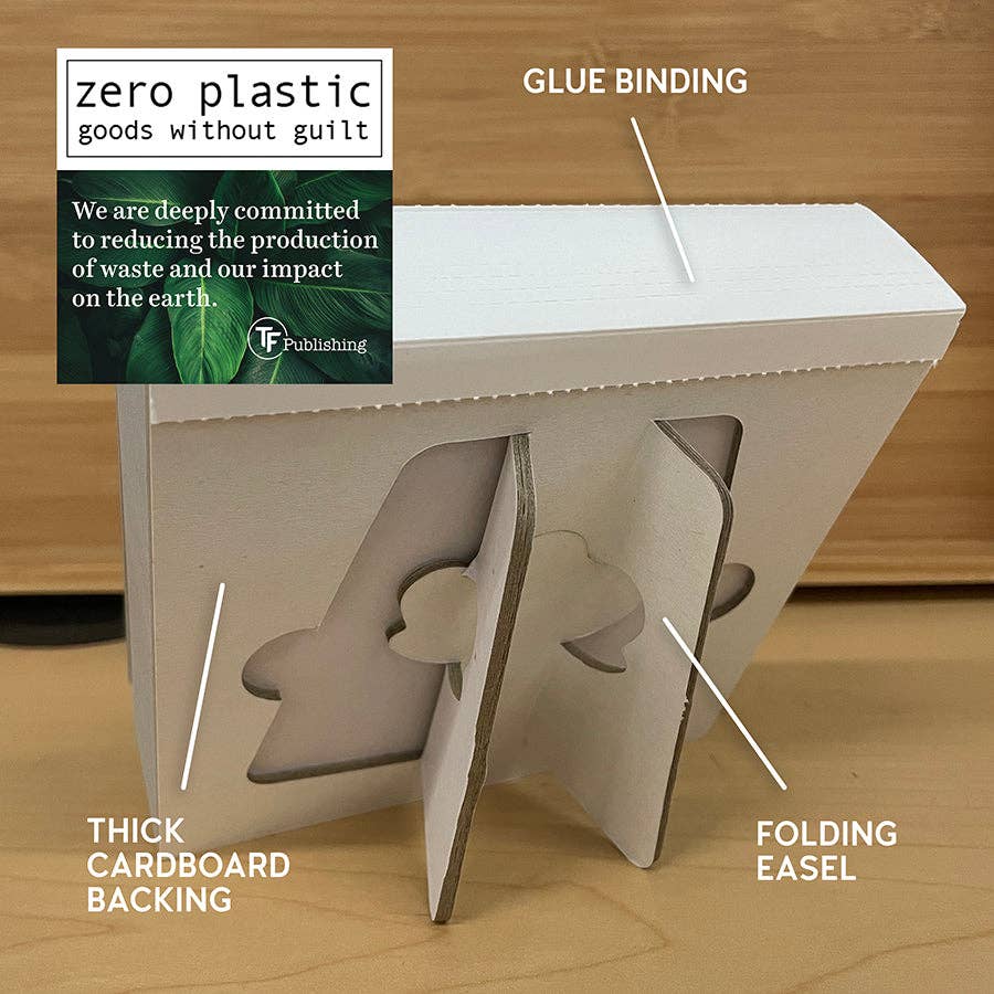Eco-friendly packaging with cardboard backing and folding easel. Labels highlight zero plastic use and glue binding. Message on commitment to reducing waste.