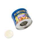 Blue can of Planters salted mixed nuts with yellow branding and a nut mascot, lying on its side. A white round lid is placed beside it.