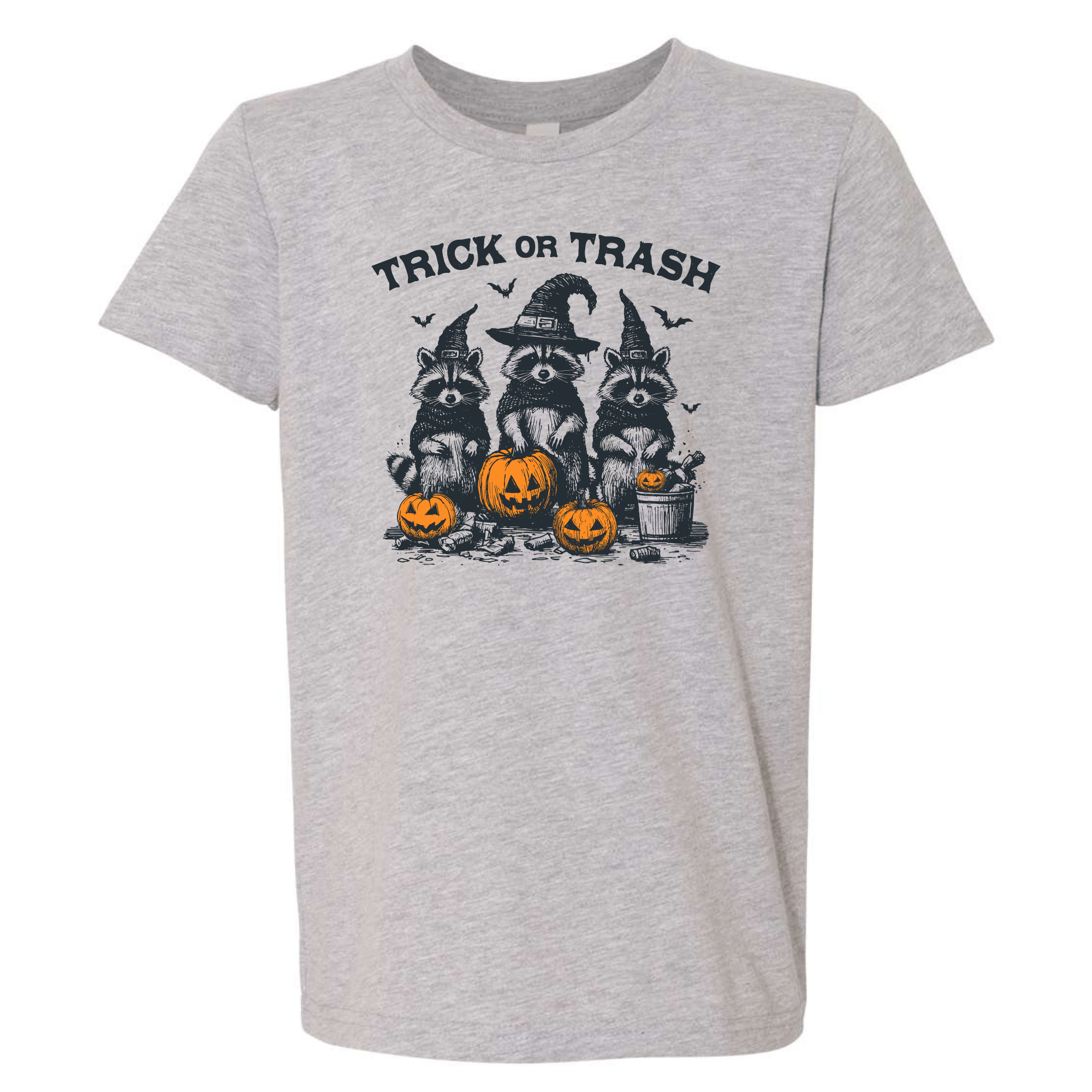 A heather gray short-sleeve t-shirt with a Halloween graphic of three raccoons in witch hats next to jack-o'-lanterns, with the text 'TRICK OR TRASH' above them.