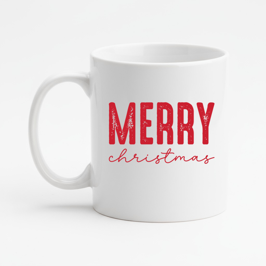 White mug with red 'Merry Christmas' text on a white background