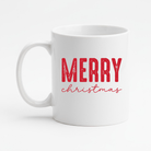 White mug with red 'Merry Christmas' text on a white background